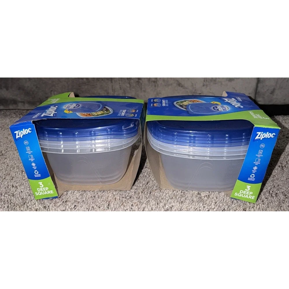2 New Ziploc Plastic Food Storage Containers, Deep Square, 3 Count, Clear 1.25qt